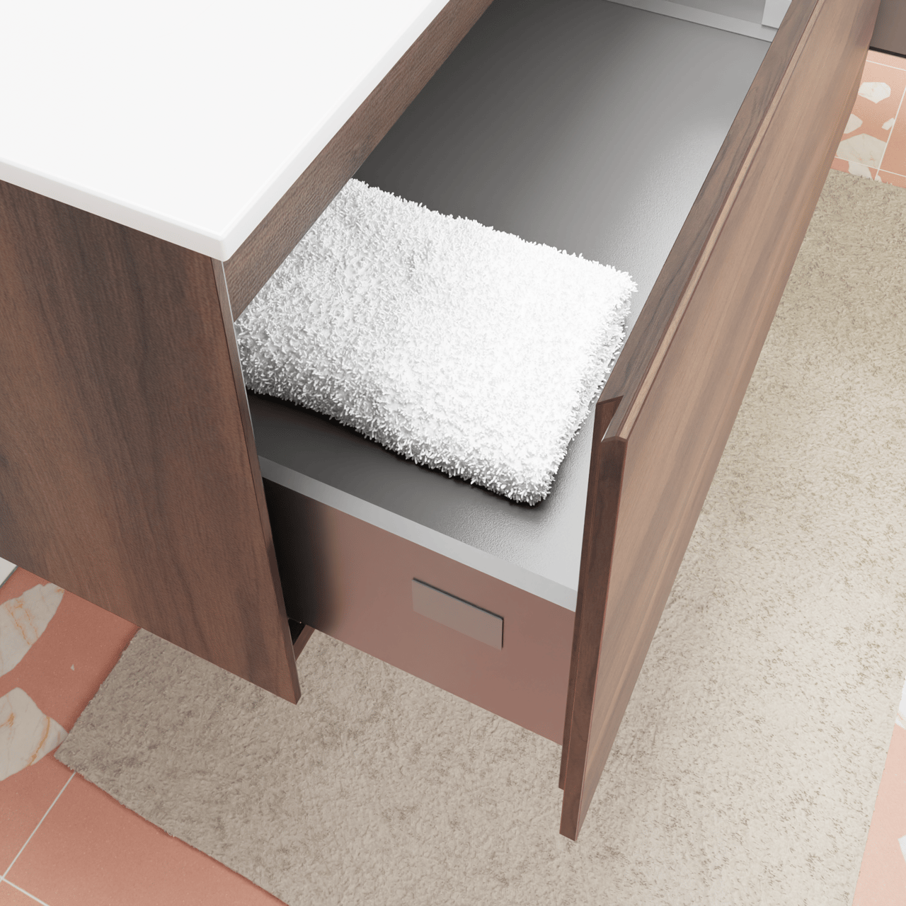 Storke Edge zwevend badkamermeubel 130 x 52 cm notelaar met Mata asymmetrisch rechtse wastafel in solid surface mat wit