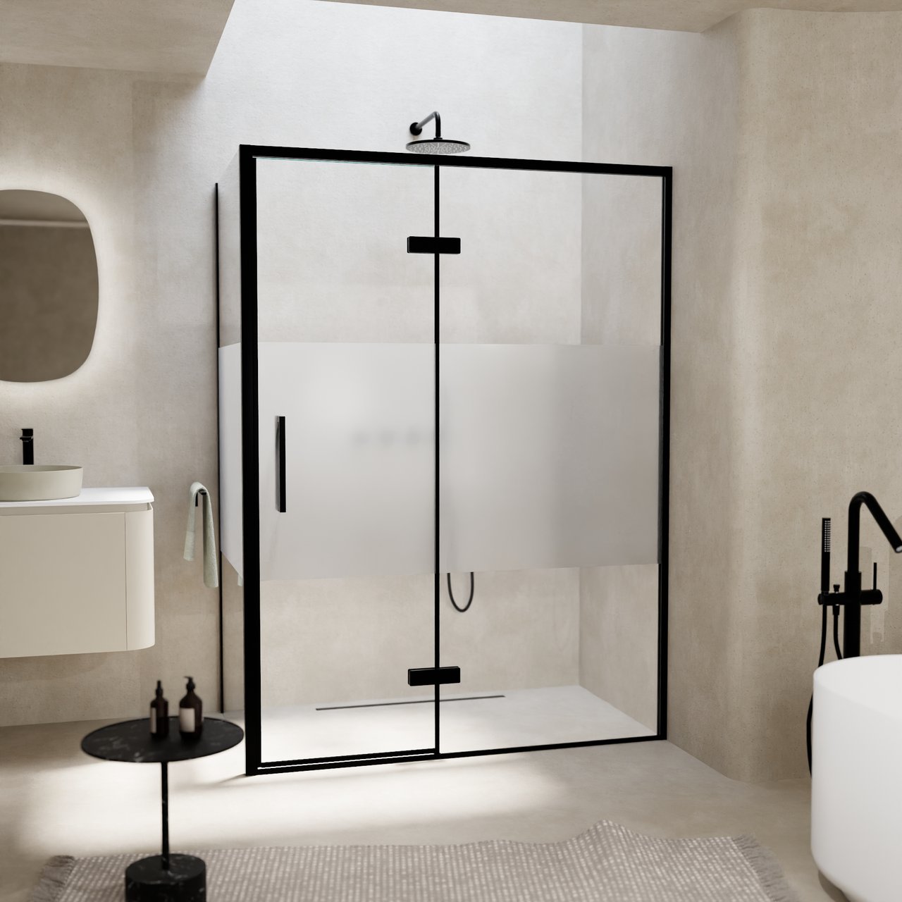 Balmani Senses Design douche en coin avec porte pivotante à droite et paroi latérale fixe, 140 x 90 cm, Verre transparent avec bande matte, Profil noir, coating inclus, coating inclus