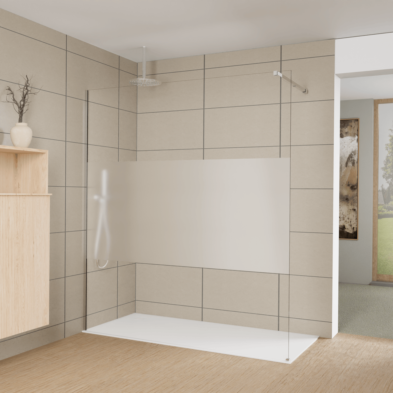 Balmani Modular douche à l'italienne: 180 x 200 cm, Verre transparent avec bande matte, Profil Chrome brillant