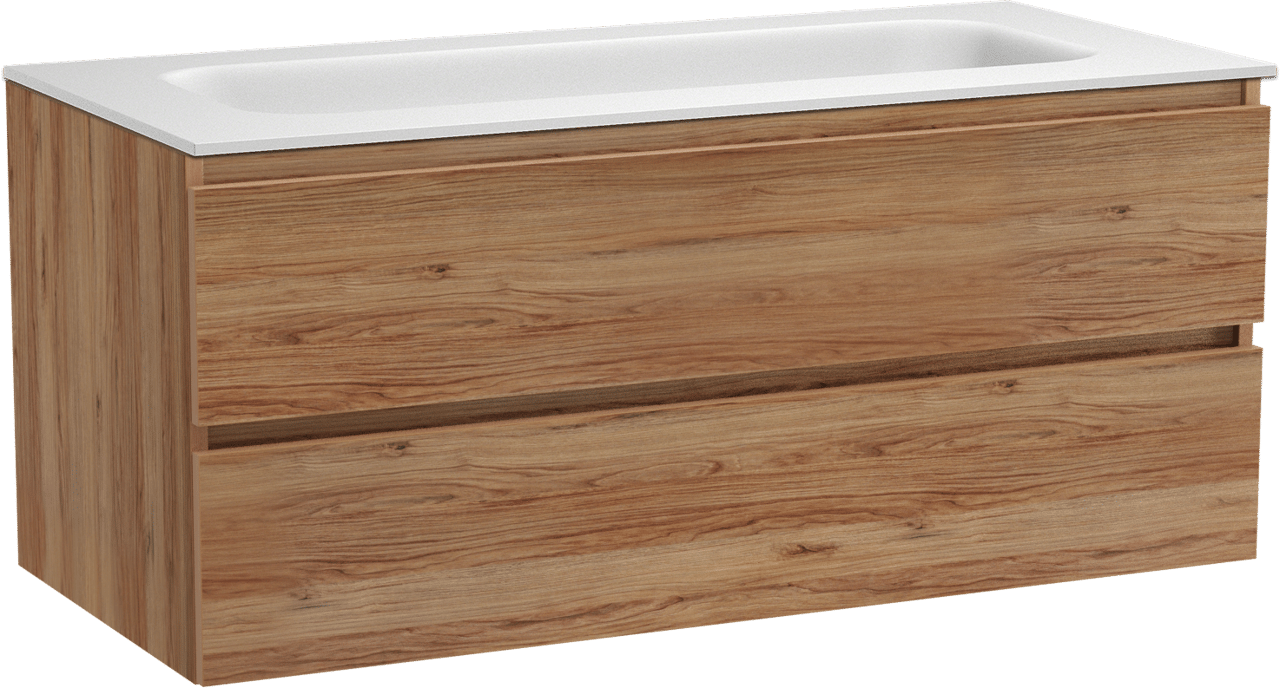 Balmani Lucida zwevend badmeubel 120 x 55 cm teakhout met Tablo Arcato enkele wastafel voor 2 kraangaten in solid surface mat wit