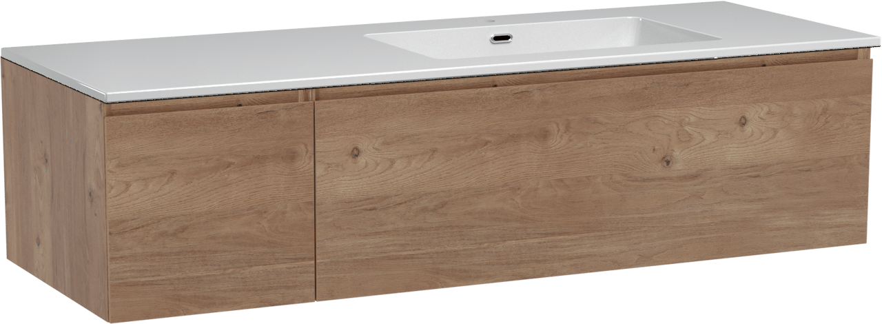 Storke Edge zwevend badmeubel 140 x 52 cm ruw eiken met Diva asymmetrisch rechtse wastafel in composietmarmer hoogglans wit