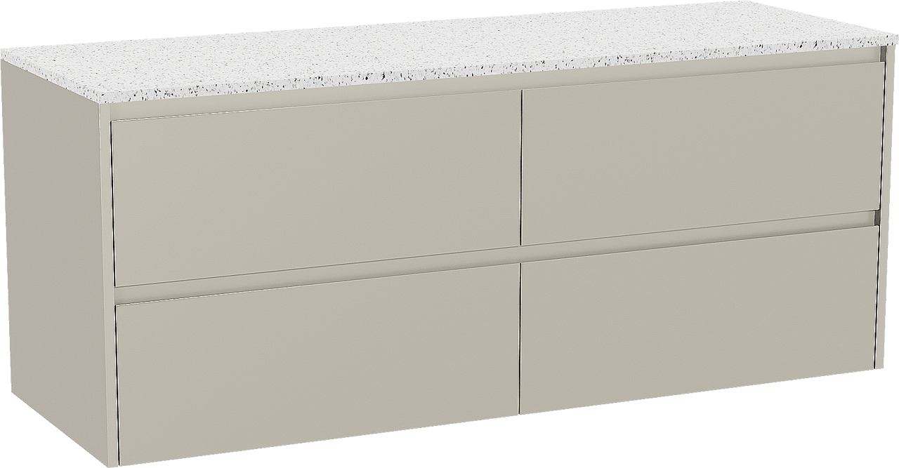 Storke Seda hängendes Möbelstück Set: 150 x 52 cm, Seidengrau, mit Tavola Einzel- oder Doppel Waschtischplatte, Terrazzo in Weiß/Schwarz matt