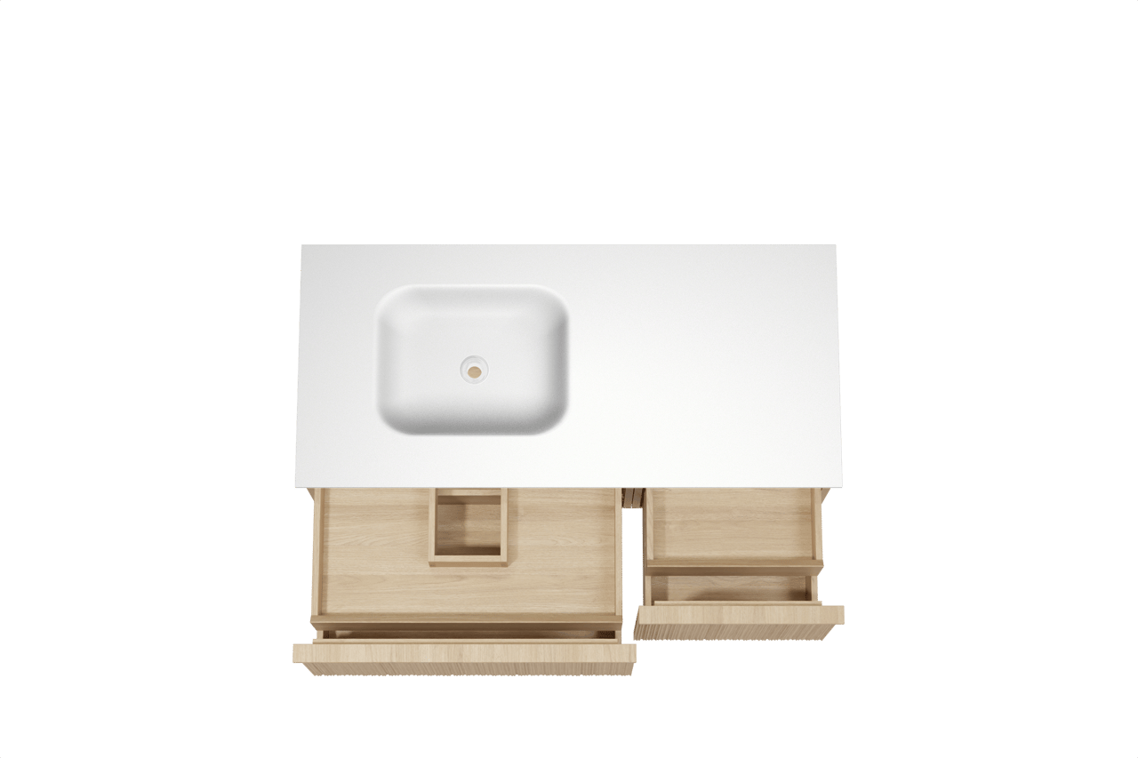 Balmani Forma meuble salle de bains suspendu 120 x 55 cm chêne naturel avec Tablo Arcato plan vasque asymétrique à gauche en solid surface blanc mat, Nervure circulaire asymétrique verticale