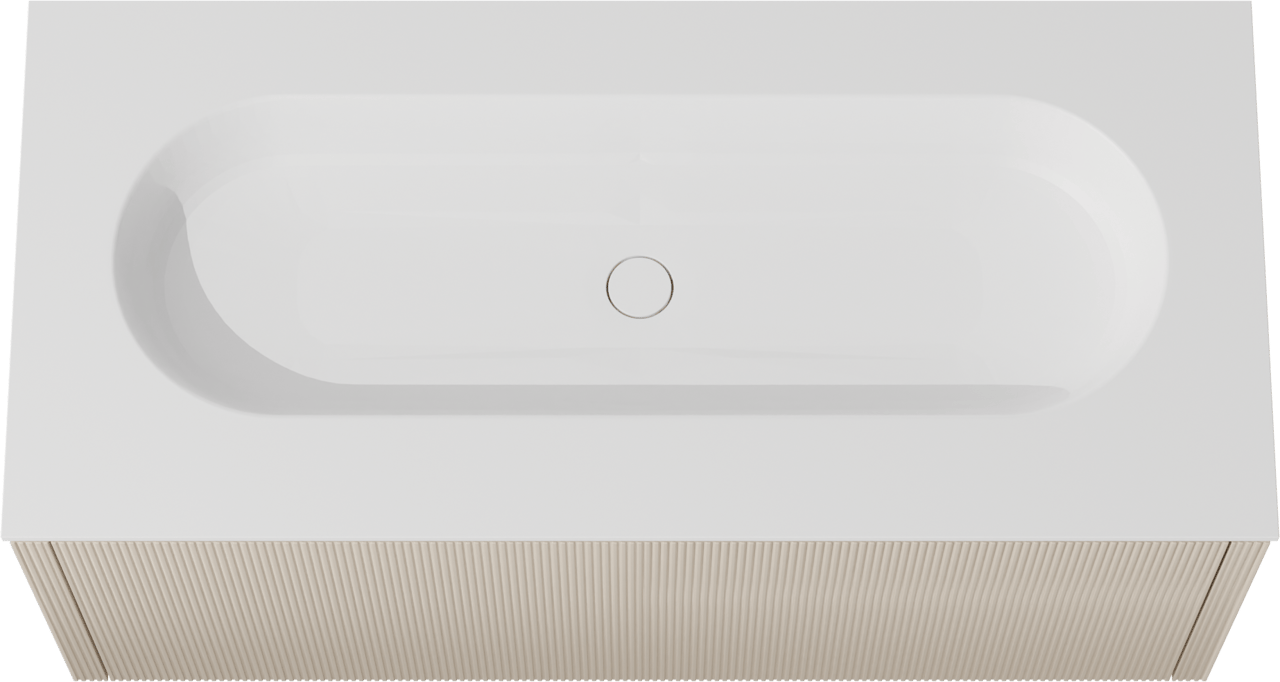 Balmani Eclips meuble salle de bains suspendu 120 x 55 cm Sandbeige avec Tablo Oval plan simple pour 2 trous de robinet en Solid Surface blanc mat, Nervure droite symétrique verticale