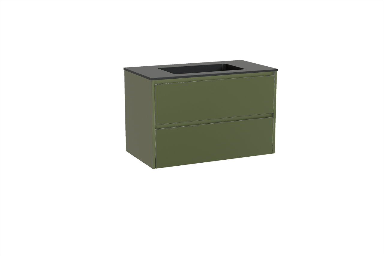 Storke Seda hängendes Möbelstück Set: 95 x 52 cm, OlivgrÃ¼n, mit Scuro Einzelwaschtisch, Quarz Schwarz matt