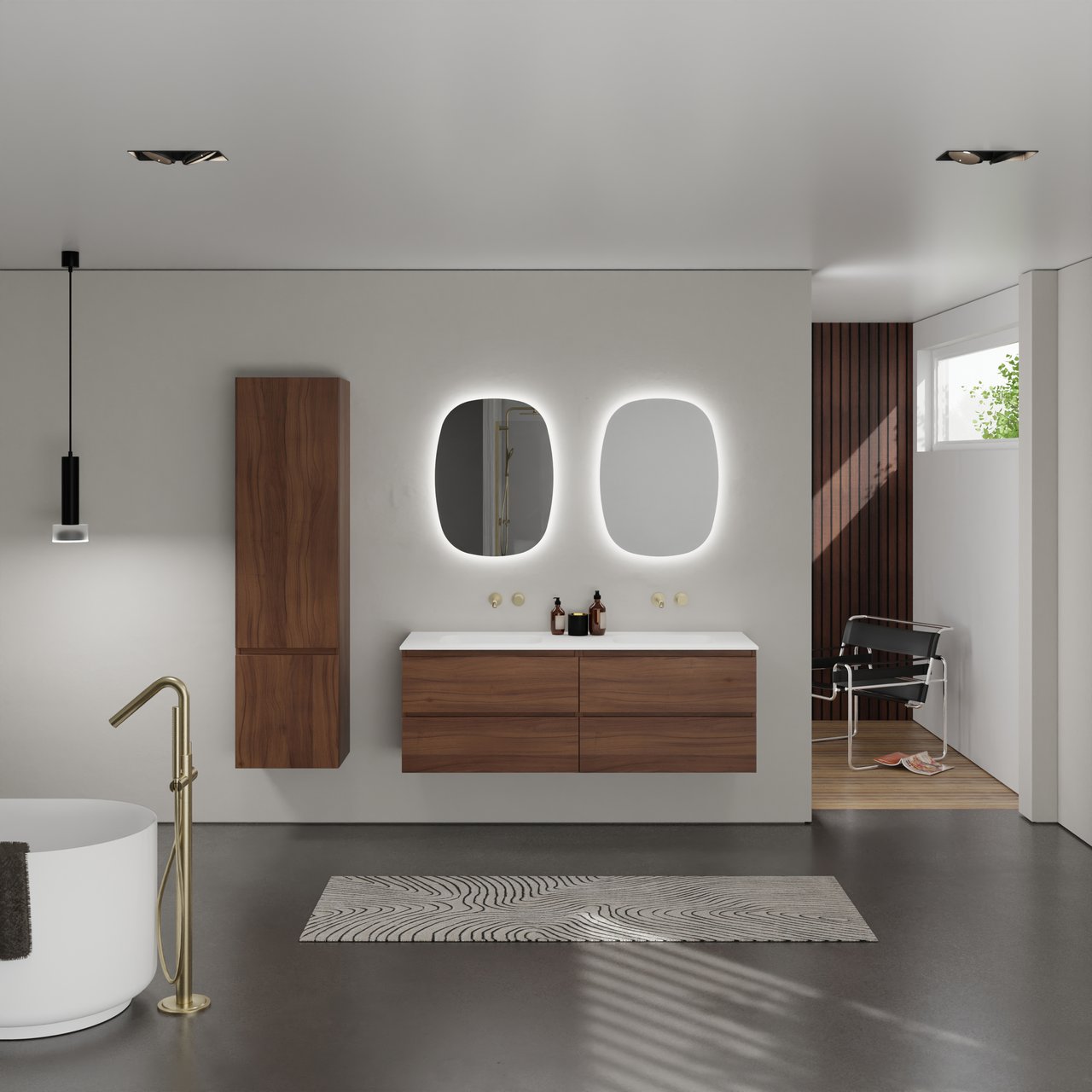 Balmani Lucida meuble salle de bains suspendu 150 x 55 cm noyer américain avec Tablo Arcato double vasque en solid surface blanc mat