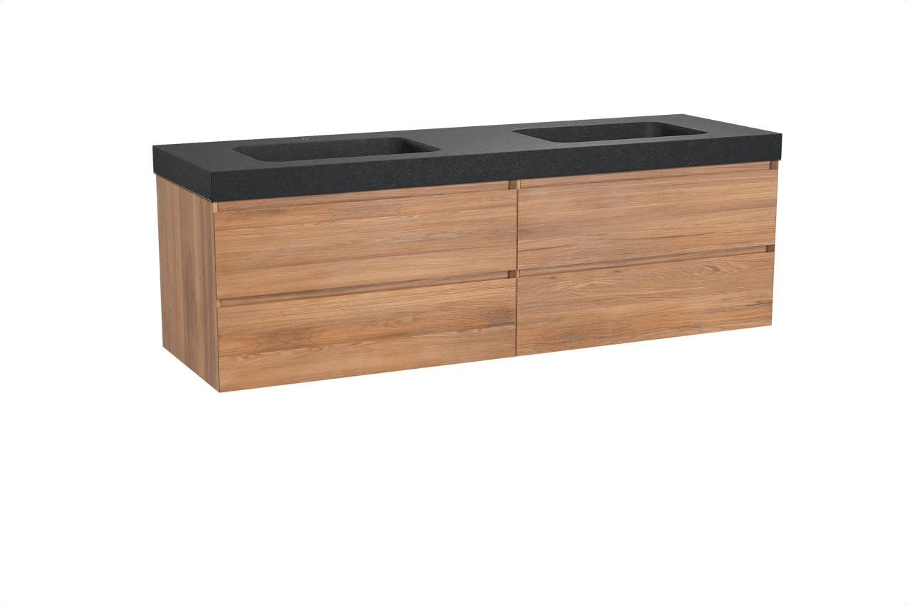 Balmani Mitra hängendes Möbelstück Set: 180 x 55 cm, Teak, mit Napoli Doppelwaschtisch, Schwarzes Granit