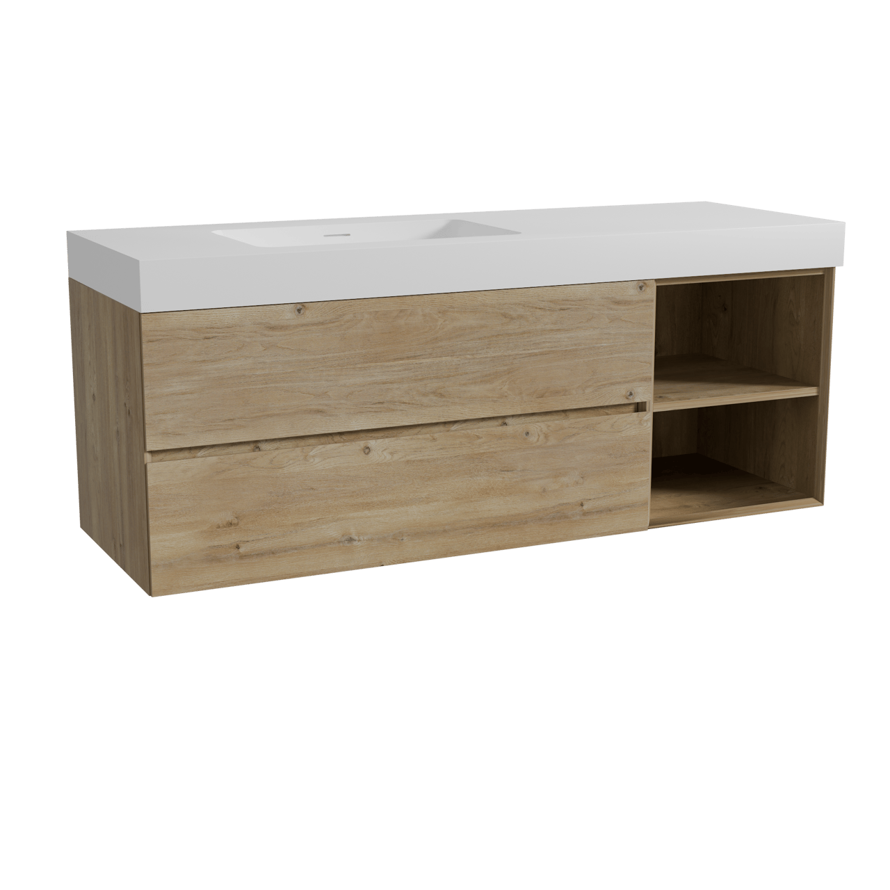 Storke Edge hängendes Möbelstück Set: 150 x 52 cm, Rohe Eiche, mit Mata High Waschtisch links, Solid Surface Weiß matt