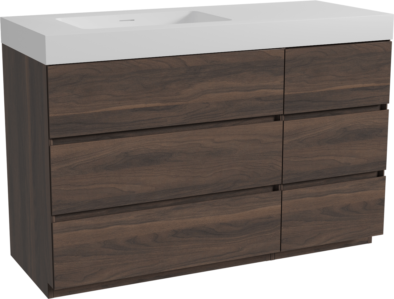 Storke Edge staand badmeubel 130 x 52 cm notenhout met Mata High asymmetrisch linkse wastafel in solid surface mat wit