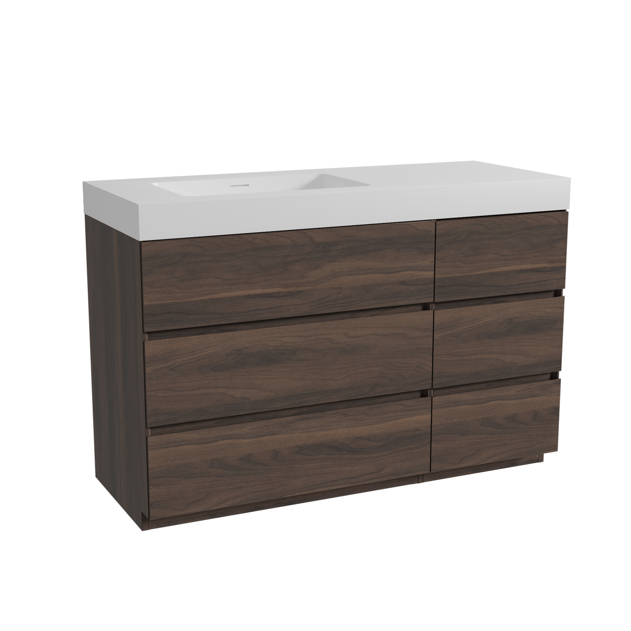 Storke Edge staand badkamermeubel 130 x 52 cm notelaar met Mata High asymmetrisch linkse wastafel in solid surface mat wit