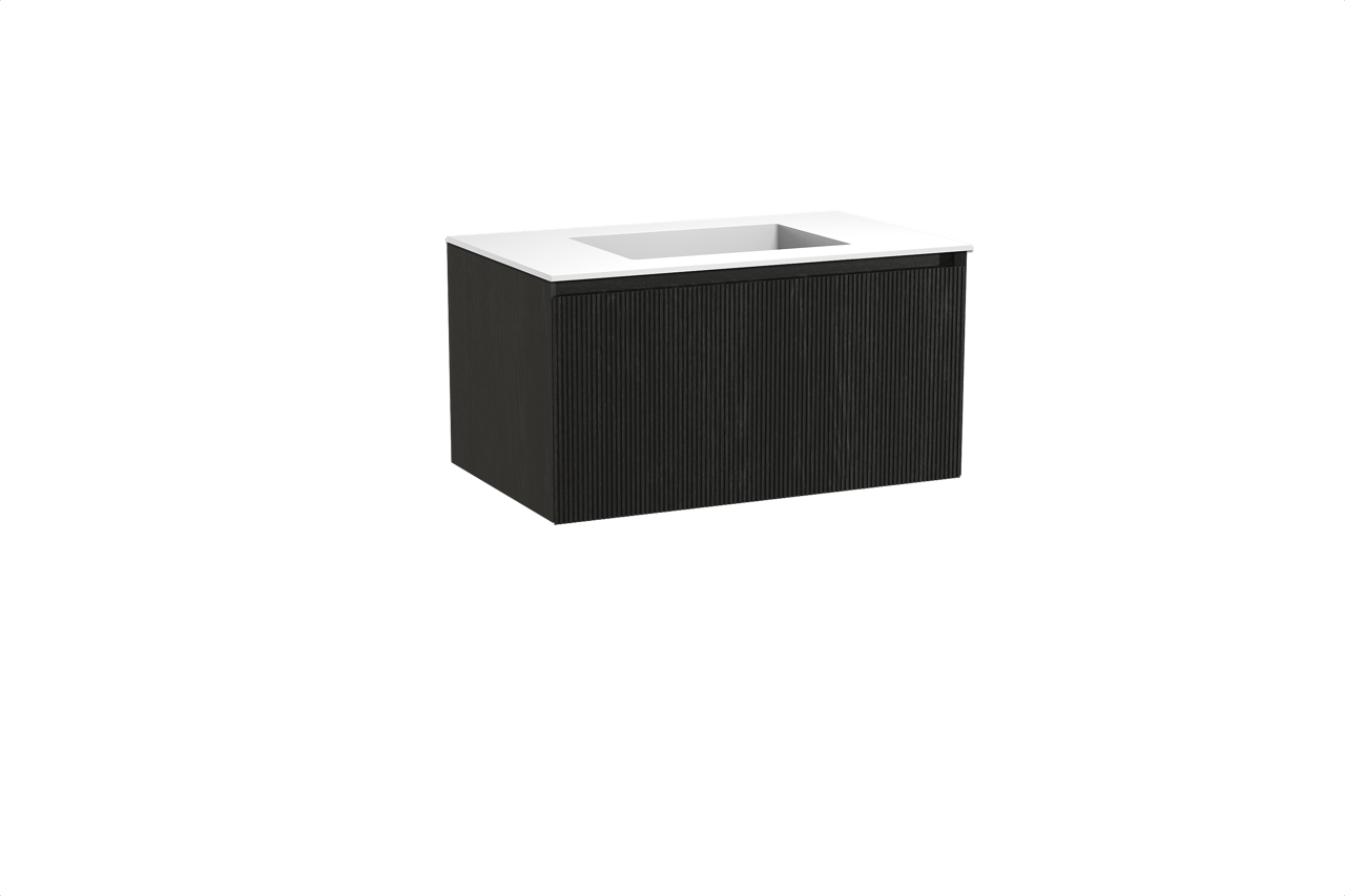 Balmani Fila hängendes Möbelstück Set: 90 x 55 cm, Schwarze Eiche, mit Tablo Stretto Einzelwaschtisch, Solid Surface, Weiß matt, Vertikale symmetrische gerade Rippe