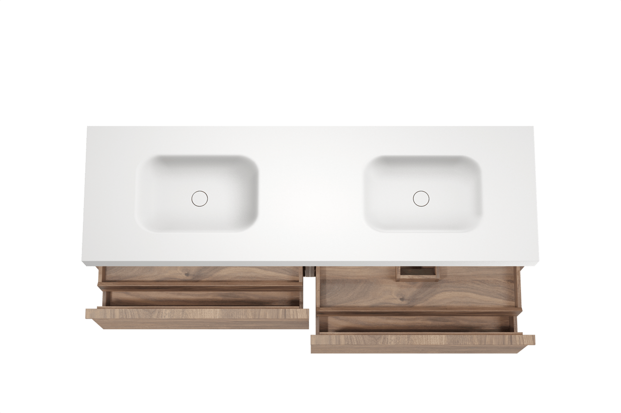 Balmani Forma zwevend badkamermeubel 180 x 55 cm amerikaanse notelaar met Arcato dubbele wastafel in solid surface mat wit, Horizontale symmetrische rechte ribbel