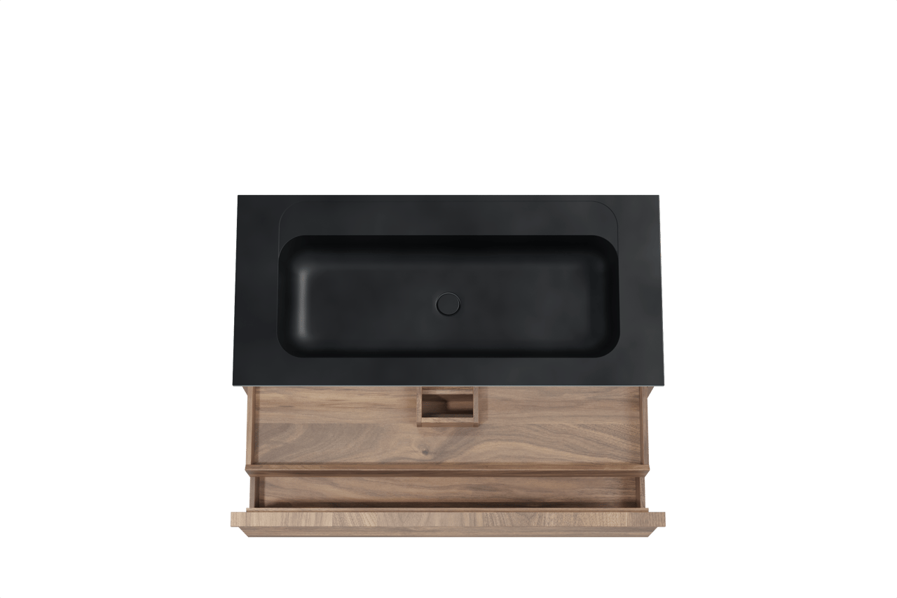 Balmani Forma hängendes Möbelstück Set: 120 x 55 cm, Amerikanischer Nussbaum, mit Tablo Strada Einzelwaschtisch für 2 Armaturenlöcher, Marmorkomposit, Schwarz matt, Horizontale symmetrische gerade Rippe