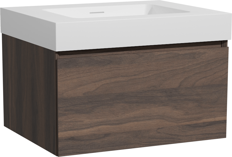 Storke Edge zwevend badmeubel 65 x 52 cm notenhout met Mata High enkele wastafel in solid surface mat wit