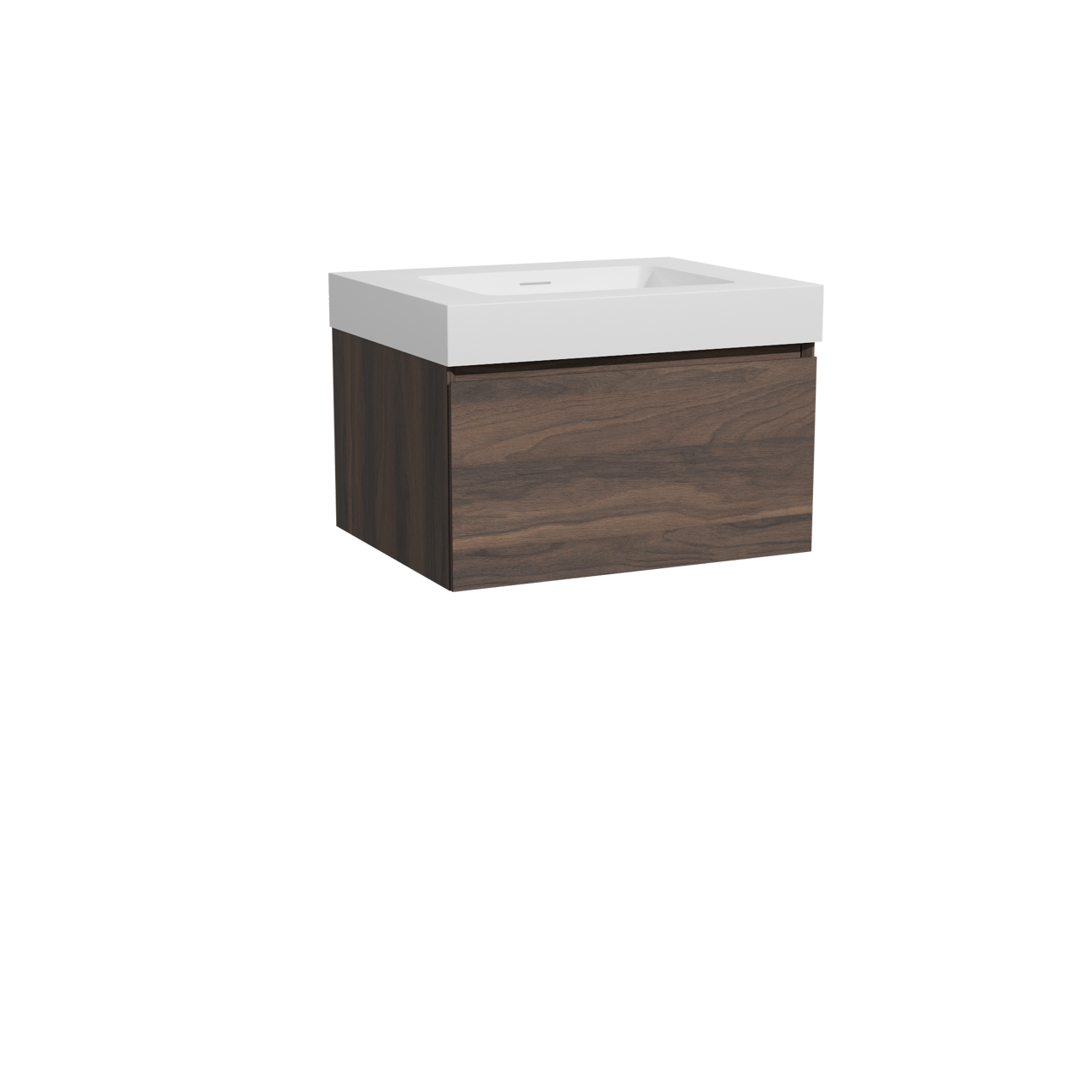 Storke Edge zwevend badkamermeubel 65 x 52 cm notelaar met Mata High enkele wastafel in solid surface mat wit