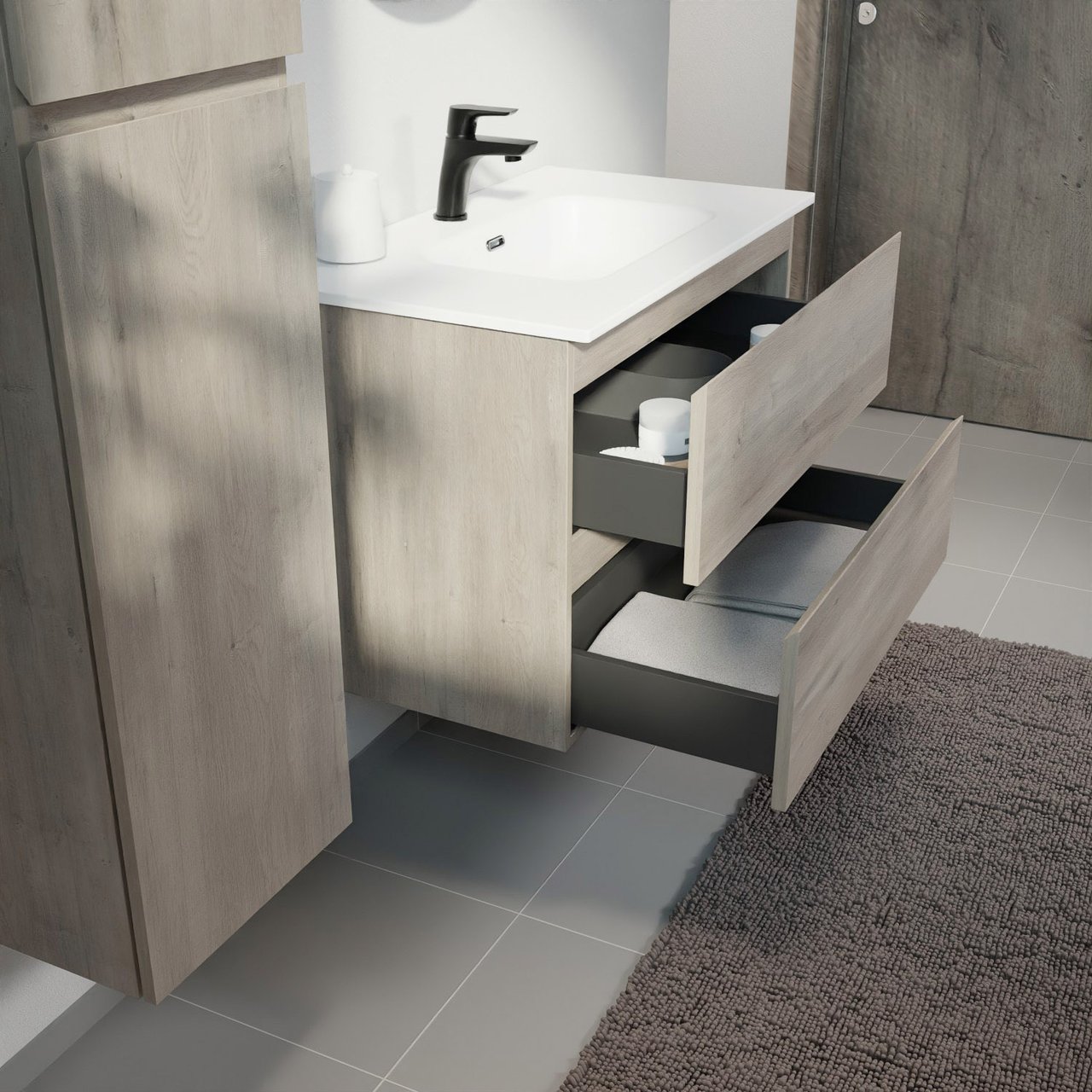 Linie Lado meuble salle de bains suspendu 80 x 46 cm chêne gris avec Baro plan simple en porcelaine blanc mat