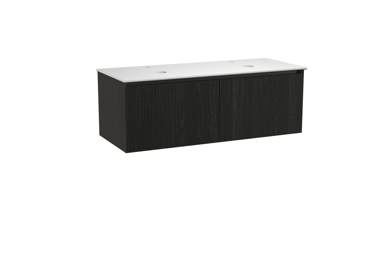 Balmani Fila meuble salle de bains suspendu 135 x 55 cm chêne noir avec Facetta tablette double en solid surface blanc mat, Nervure droite symétrique verticale