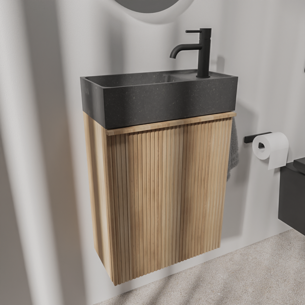 Balmani Forma meuble wc suspendu 42 x 21 cm chêne naturel avec Dama lavabo en granite aiguisé