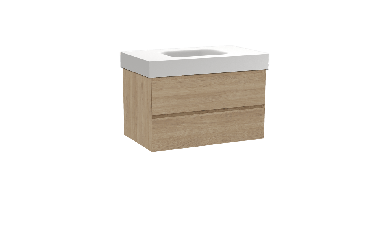 Balmani Mitra zwevend badkamermeubel 90 x 55 cm natuur eik met Arcato enkele wastafel in solid surface mat wit