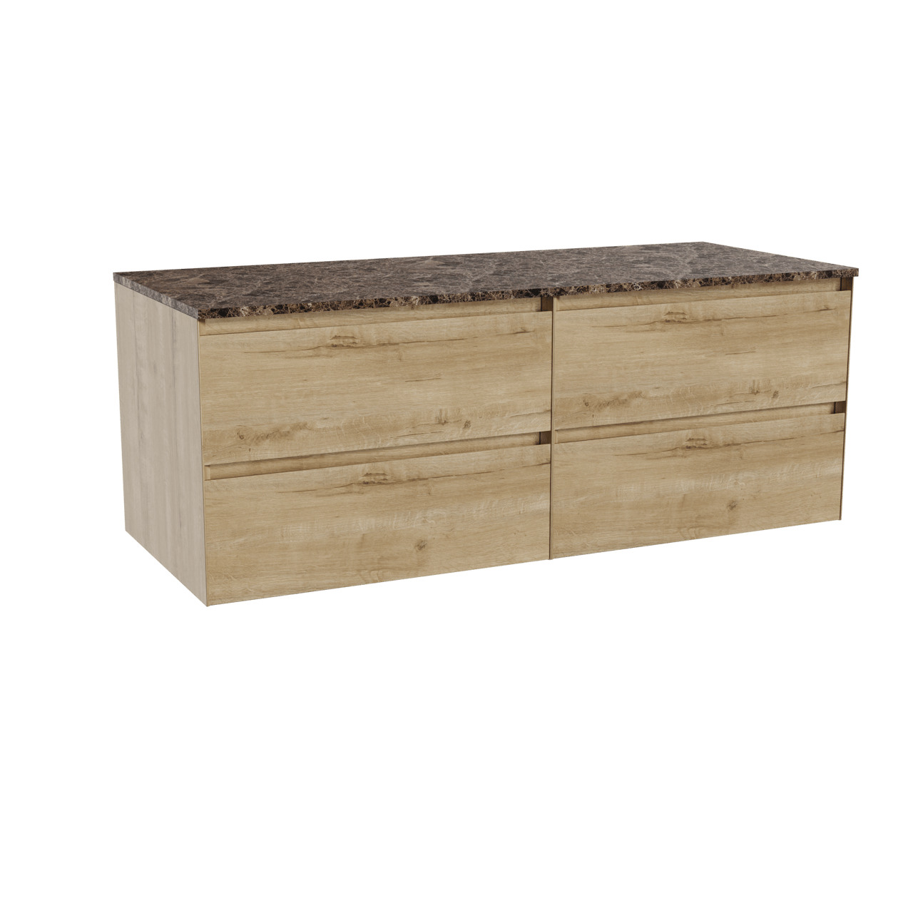 Balmani Mitra hängendes Möbelstück Set: 135 x 55 cm, Rohe Eiche, mit Stretto Einzel- oder Doppel Waschtischplatte, Marmor Dark Emperador