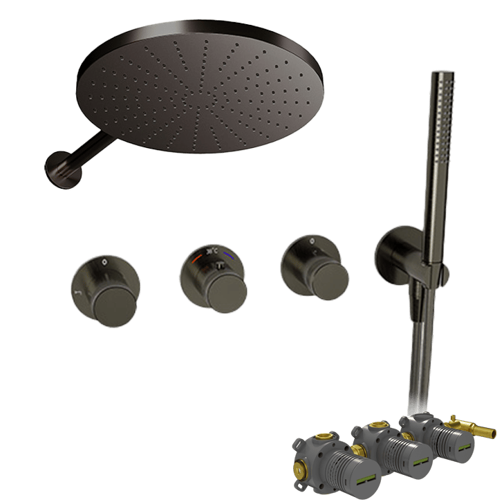 Blaufoss Pavilion Duschsystem: Unterputz, inkl. Thermostat-Duscharmatur, inkl. Duschkopf, Ø30cm, Brushed Gunmetal