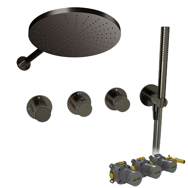 Blaufoss Pavilion Duschsystem: Unterputz, inkl. Thermostat-Duscharmatur, inkl. Duschkopf, Ø30cm, Brushed Gunmetal