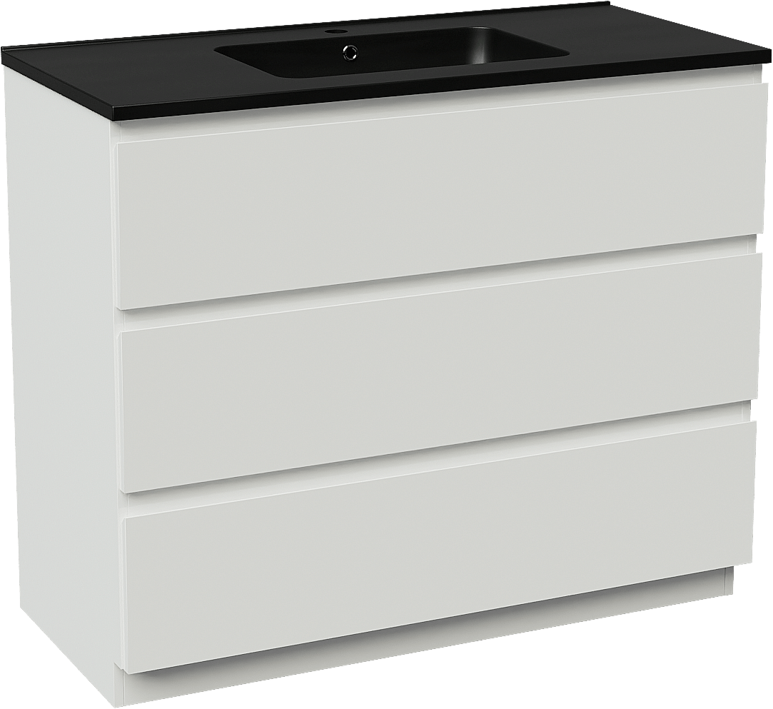 Linie Lado freistehendes Möbelstück Set: 100 x 46 cm, Weiß matt, mit Vano Einzelwaschtisch, Marmorkomposit Schwarz matt