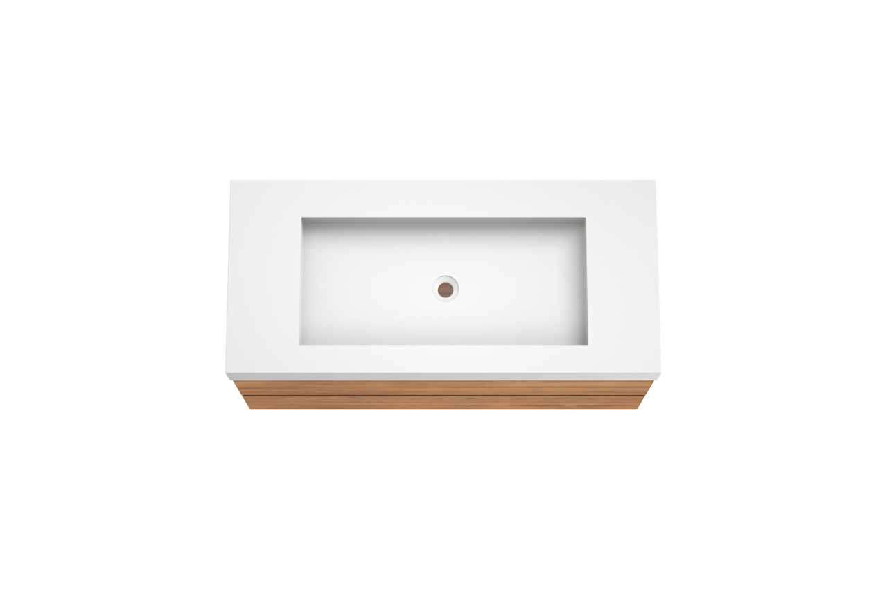 Balmani Mitra hängendes Möbelstück Set: 120 x 55 cm, Teak, mit Modus Einzelwaschtisch für 2 Armaturenlöcher, Solid Surface Weiß matt