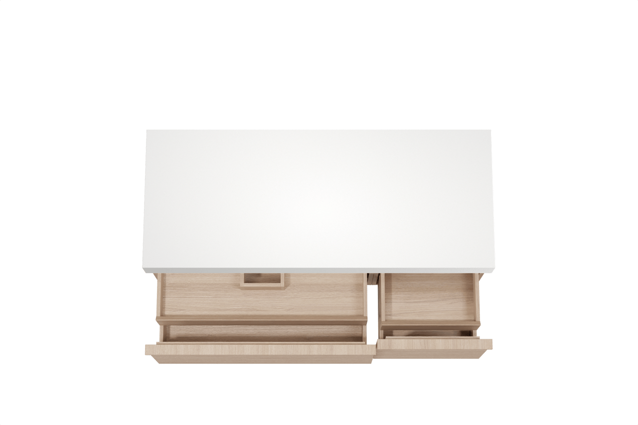 Balmani Forma meuble salle de bains suspendu 135 x 55 cm chêne naturel avec Dominus tablette simple ou double en solid surface blanc mat, Nervure droite symétrique horizontale