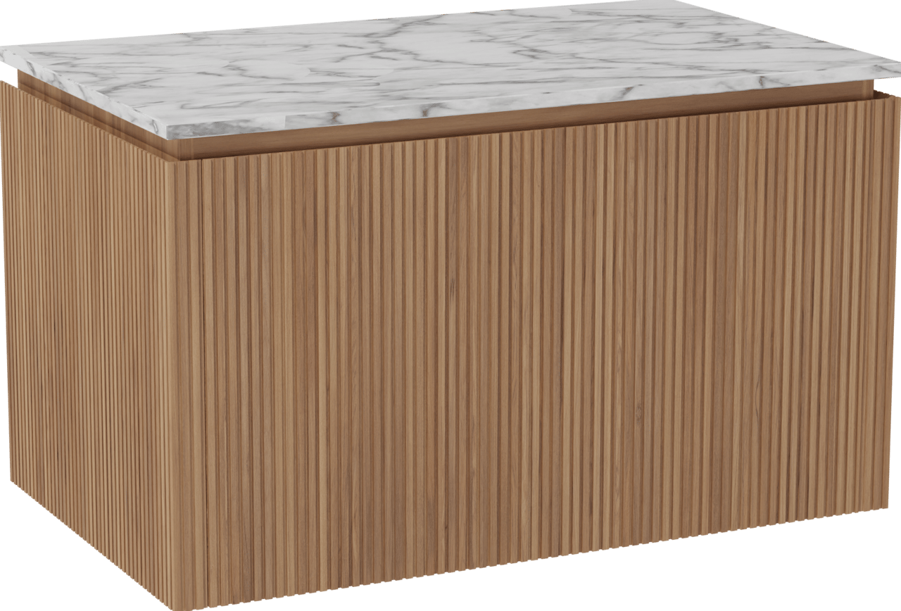 Balmani Eclips hängendes Möbelstück Set: 90 x 55 cm, Teak, mit Stretto Einzel Waschtischplatte Carrara-Marmor, Vertikale symmetrische gerade Rippe