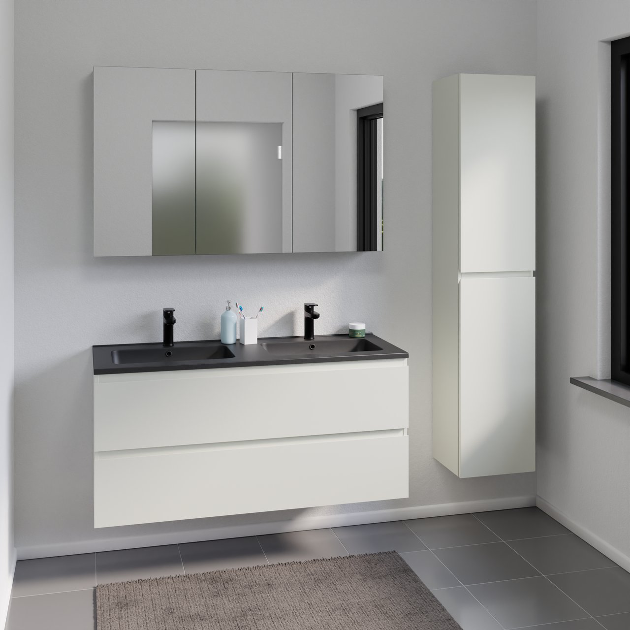 Linie Lado hängender Waschbeckenunterschrank: 120 x 46 cm, Greige, 2 Schubladen