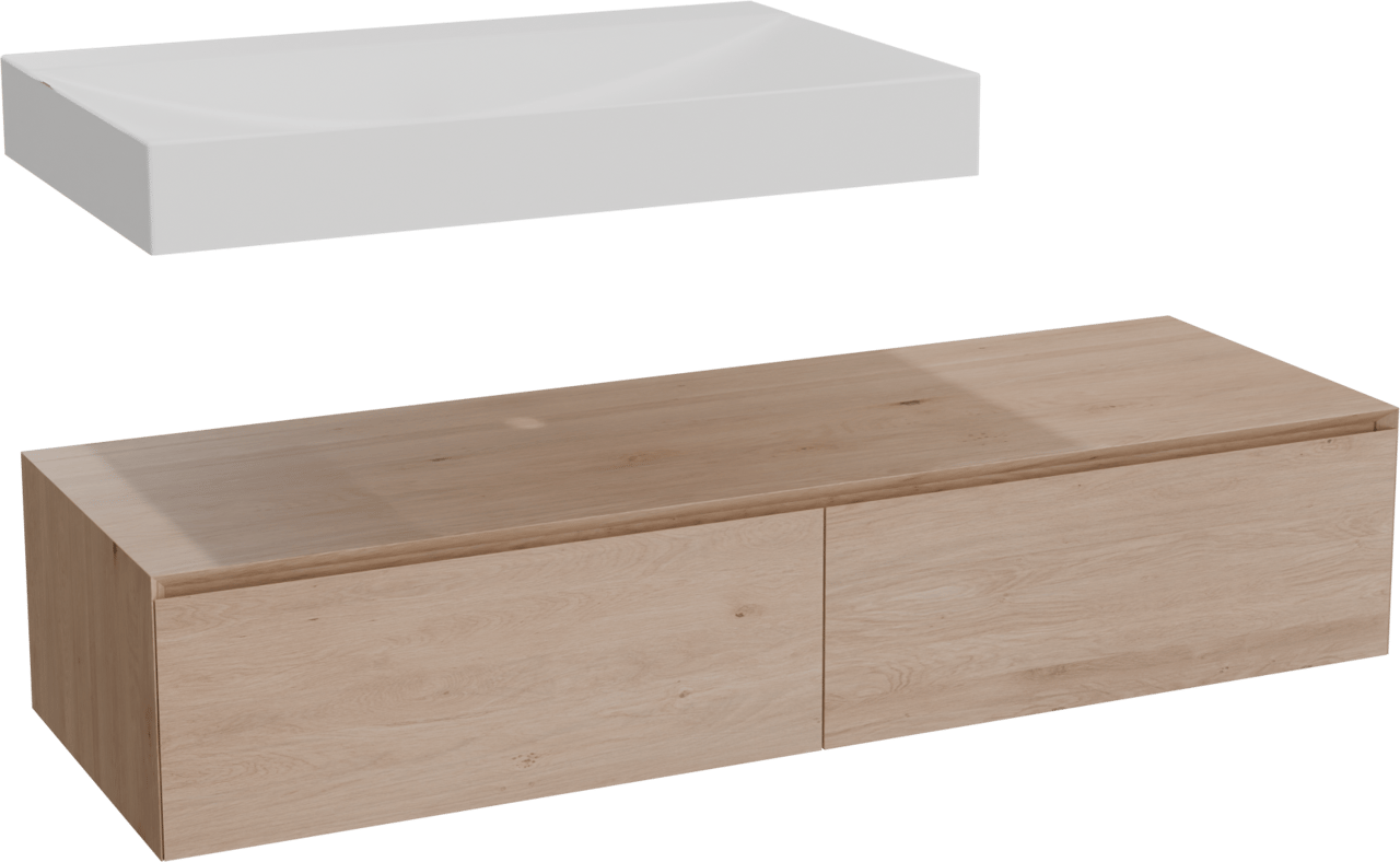 Balmani Mitra Elements meuble salle de bains suspendu 150 x 55 cm chêne naturel avec Modus plan simple 90 cm en solid surface blanc mat