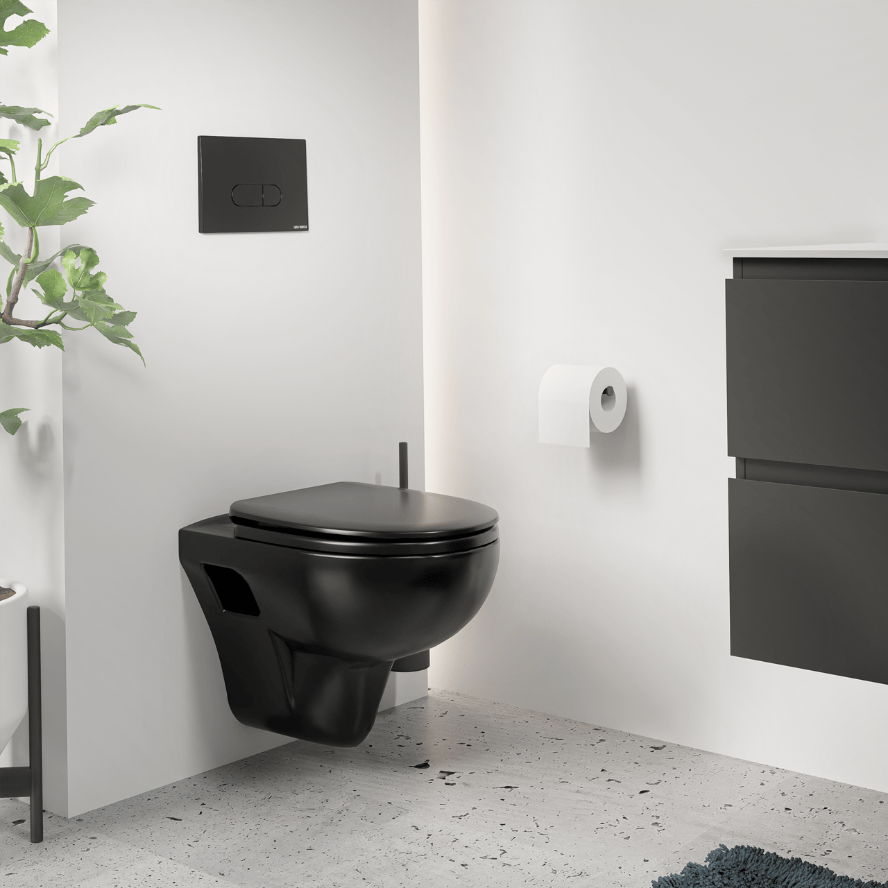 Linie Enzo mat zwart randloos met luxe wc-bril en Geberit Duofix UP100 Delta inbouwreservoir met bedieningspaneel