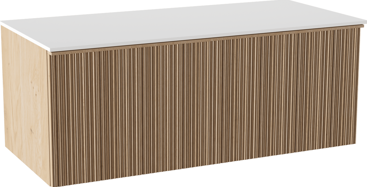 Balmani Forma meuble salle de bains suspendu 120 x 55 cm chêne naturel avec Stretto tablette simple ou double en solid surface blanc mat, Nervure circulaire asymétrique verticale