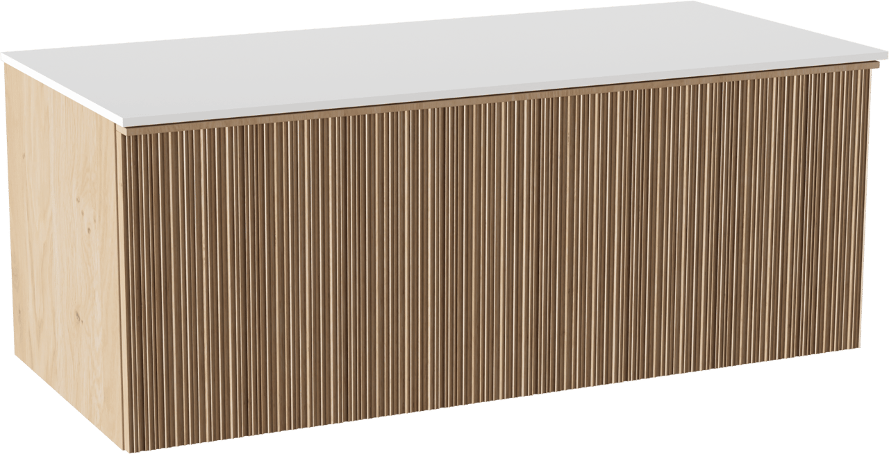 Balmani Forma zwevend badkamermeubel 120 x 55 cm natuur eik met Stretto enkel of dubbel tablet in solid surface mat wit, Verticale asymmetrische ronde ribbel