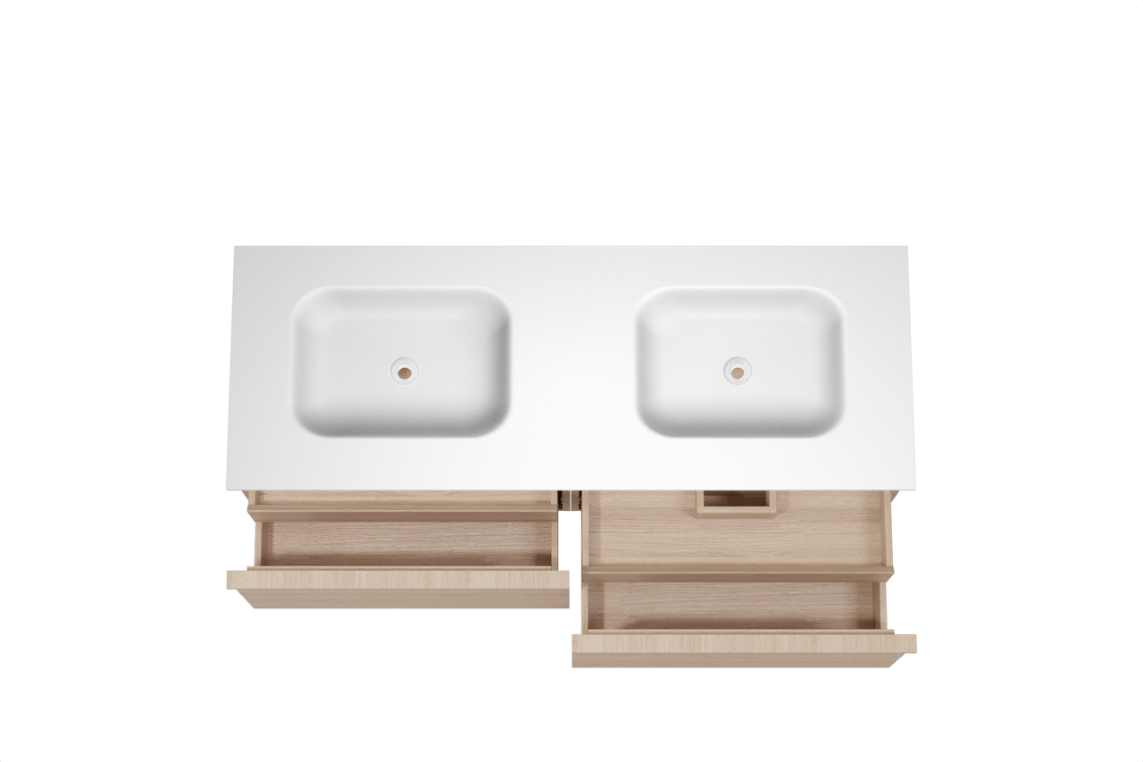 Balmani Forma zwevend badkamermeubel 150 x 55 cm natuur eik met Tablo Arcato dubbele wastafel in solid surface mat wit, Horizontale symmetrische rechte ribbel