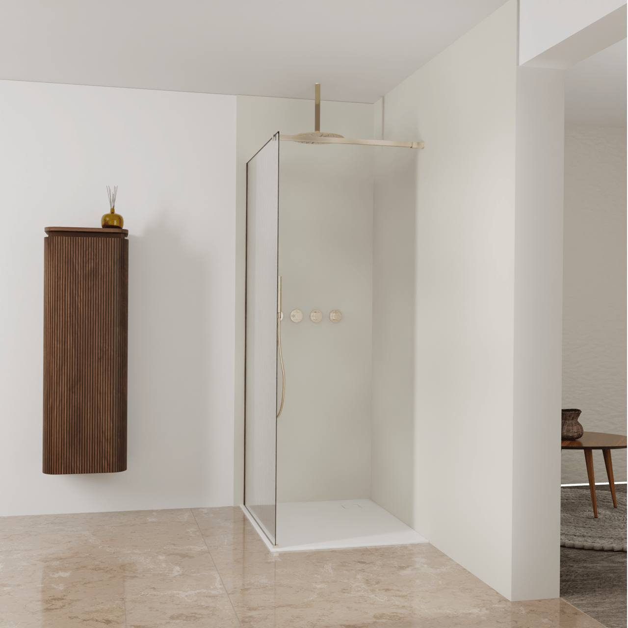 Balmani Modular Walk-In Dusche: 100 x 200 cm, Ribs, inklusive Coating, Profil Brushed Champagne Gold