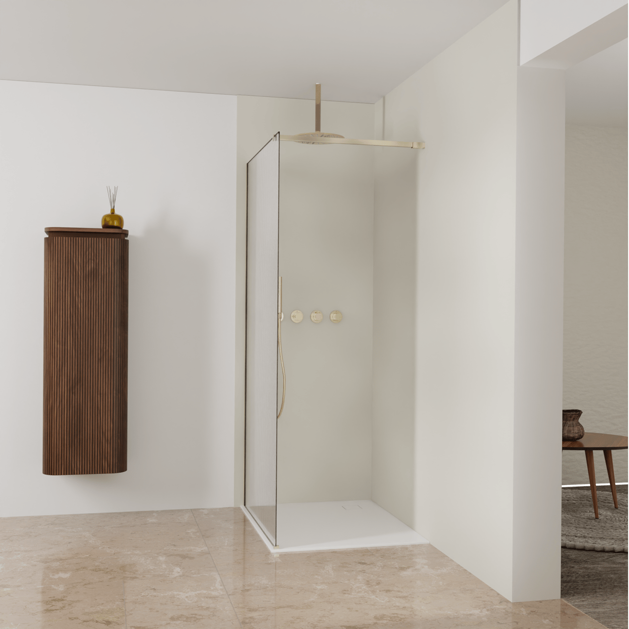 Balmani Modular Walk-In Dusche: 100 x 200 cm, Ribs, inklusive Coating, Profil Brushed Champagne Gold