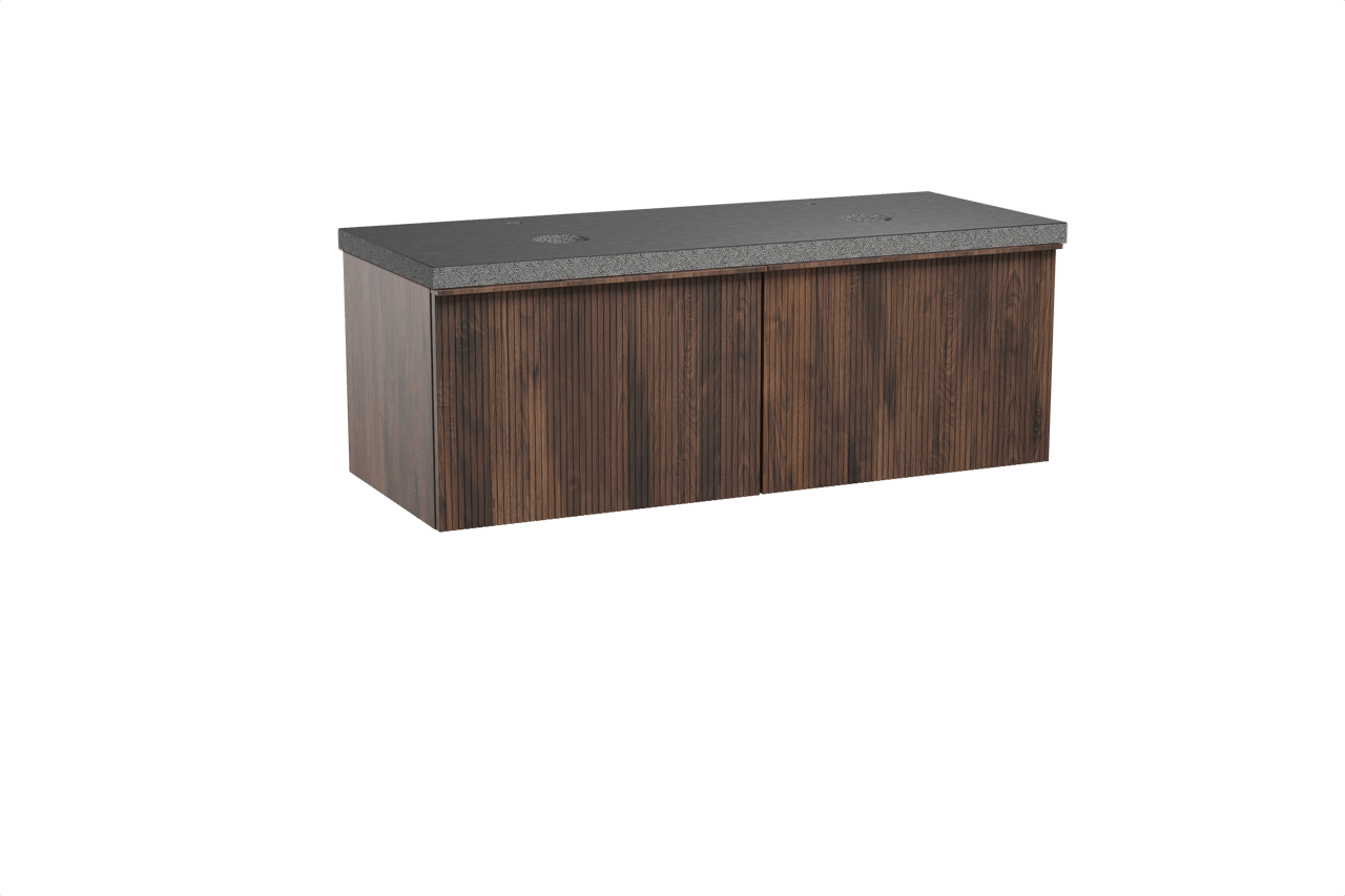 Balmani Forma zwevend badmeubel 135 x 55 cm amerikaans notenhout met Rock dubbel wastafelblad in zwart graniet, Verticale symmetrische rechte ribbel