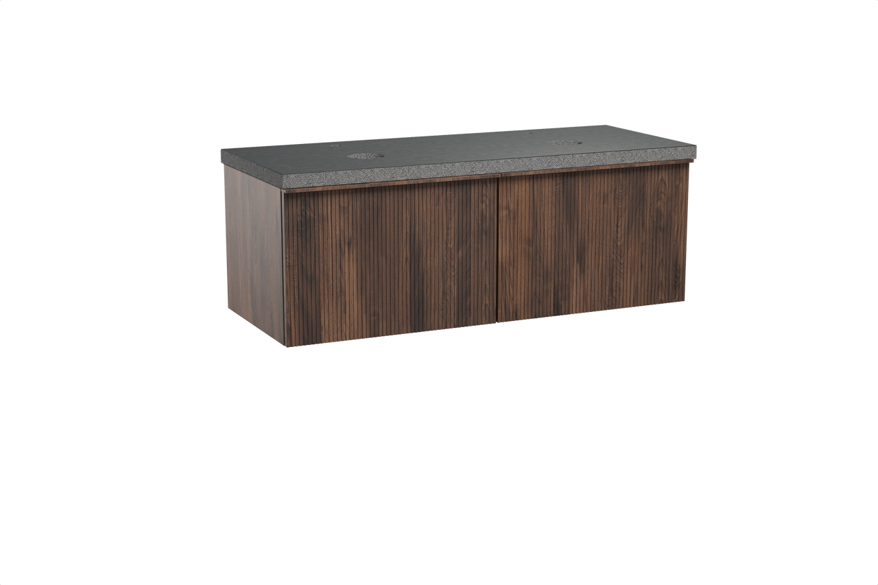 Balmani Forma meuble salle de bains suspendu 135 x 55 cm noyer américain avec Rock tablette double en granit noir, Nervure gauche symétrique verticale