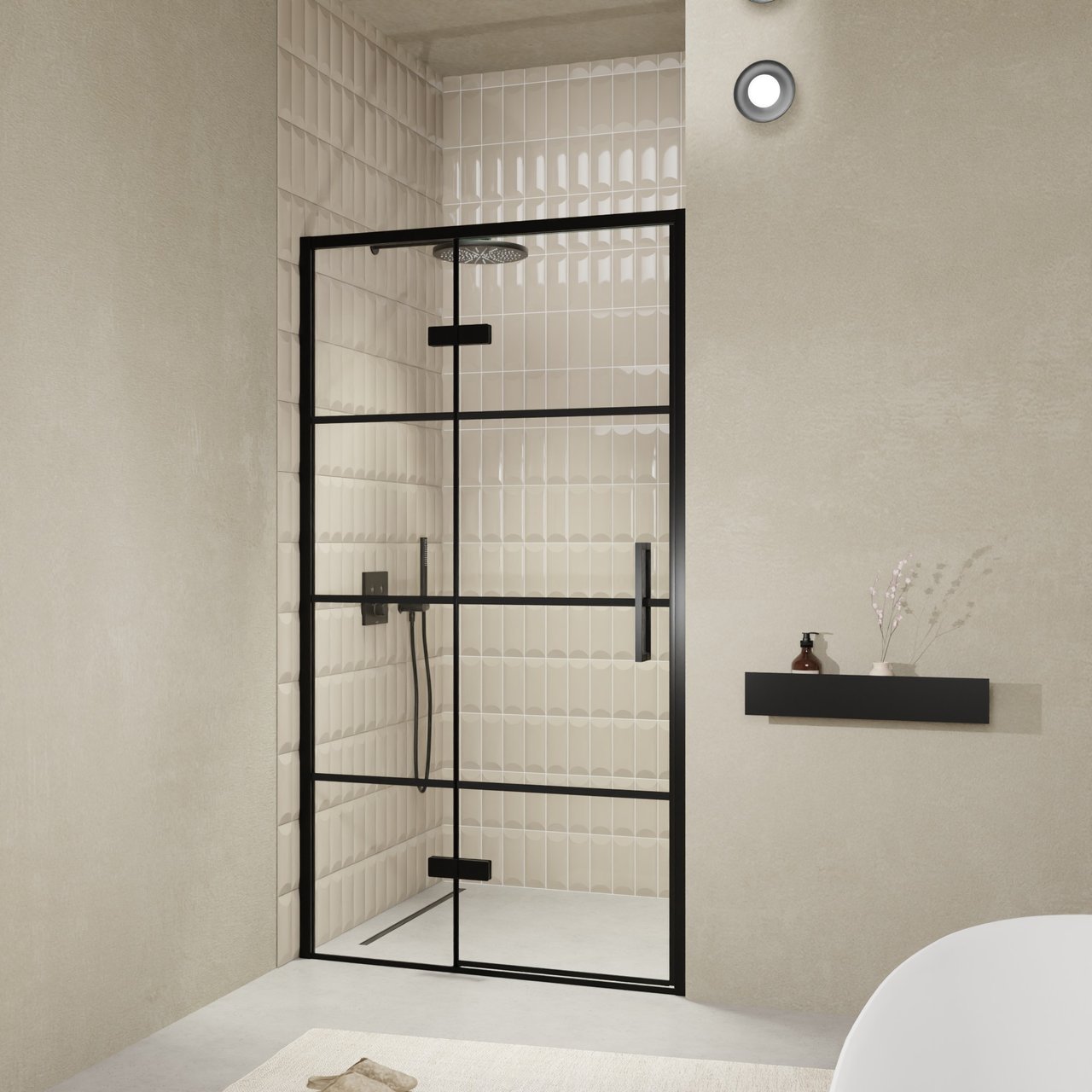 Balmani Senses Design Dusche Drehtür, Links, 120 cm x 210 cm, Lined, Profil Schwarz