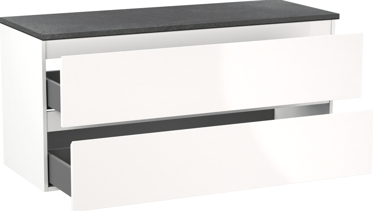 Linie Lado meuble salle de bains suspendu 120 x 46 cm blanc brillant avec Lado tablette simple ou double en mélaminé ardoise gris