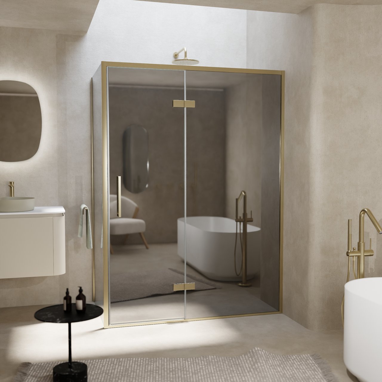 Balmani Senses Design douche en coin avec porte pivotante à droite et paroi latérale fixe, 140 x 90 cm, Miroir Reflex, Profil Brushed Champagne Gold, coating inclus, coating inclus