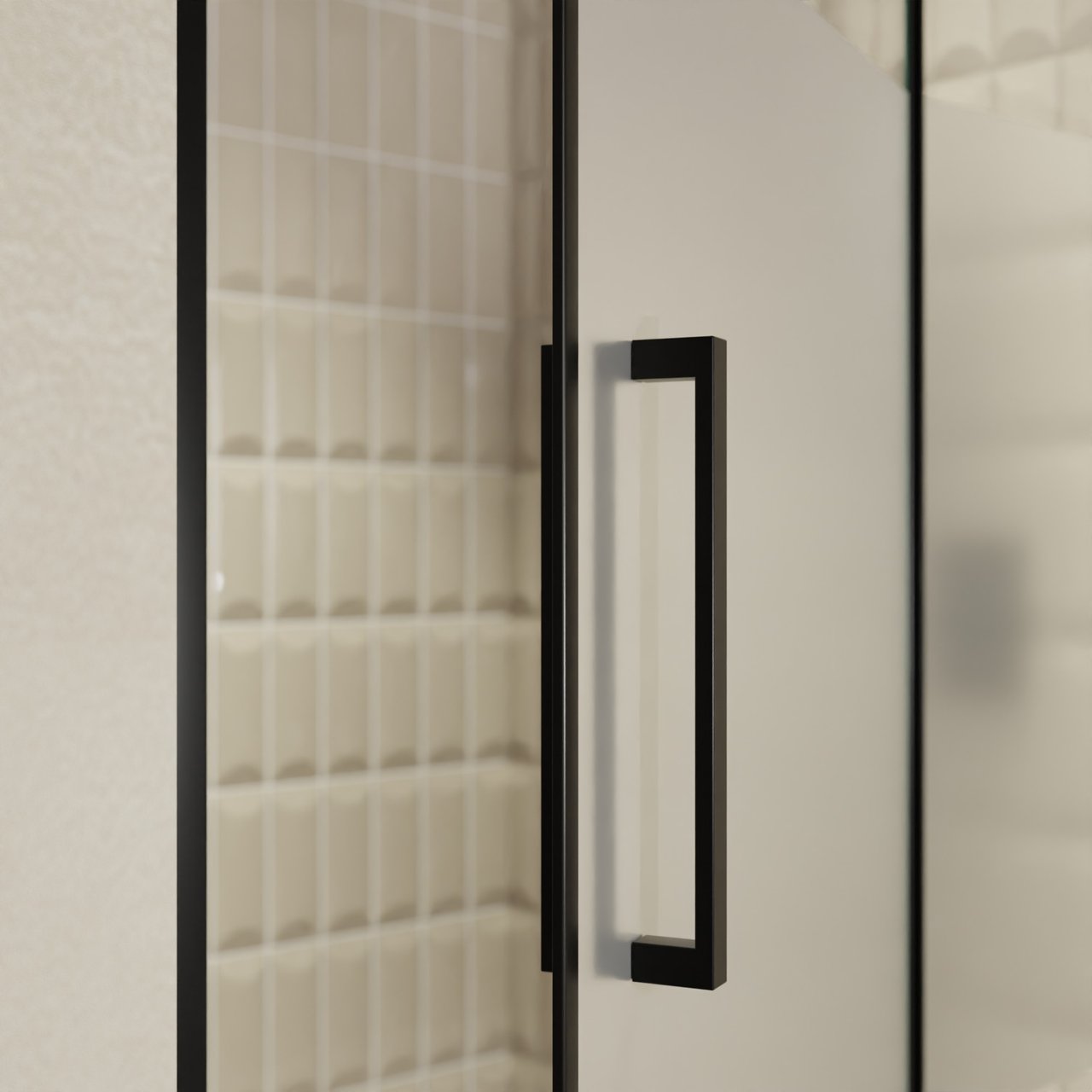 Balmani Senses Design douche draaideur rechts 120 cm x 210 cm Helder glas met matte strook, Zwarte profielen