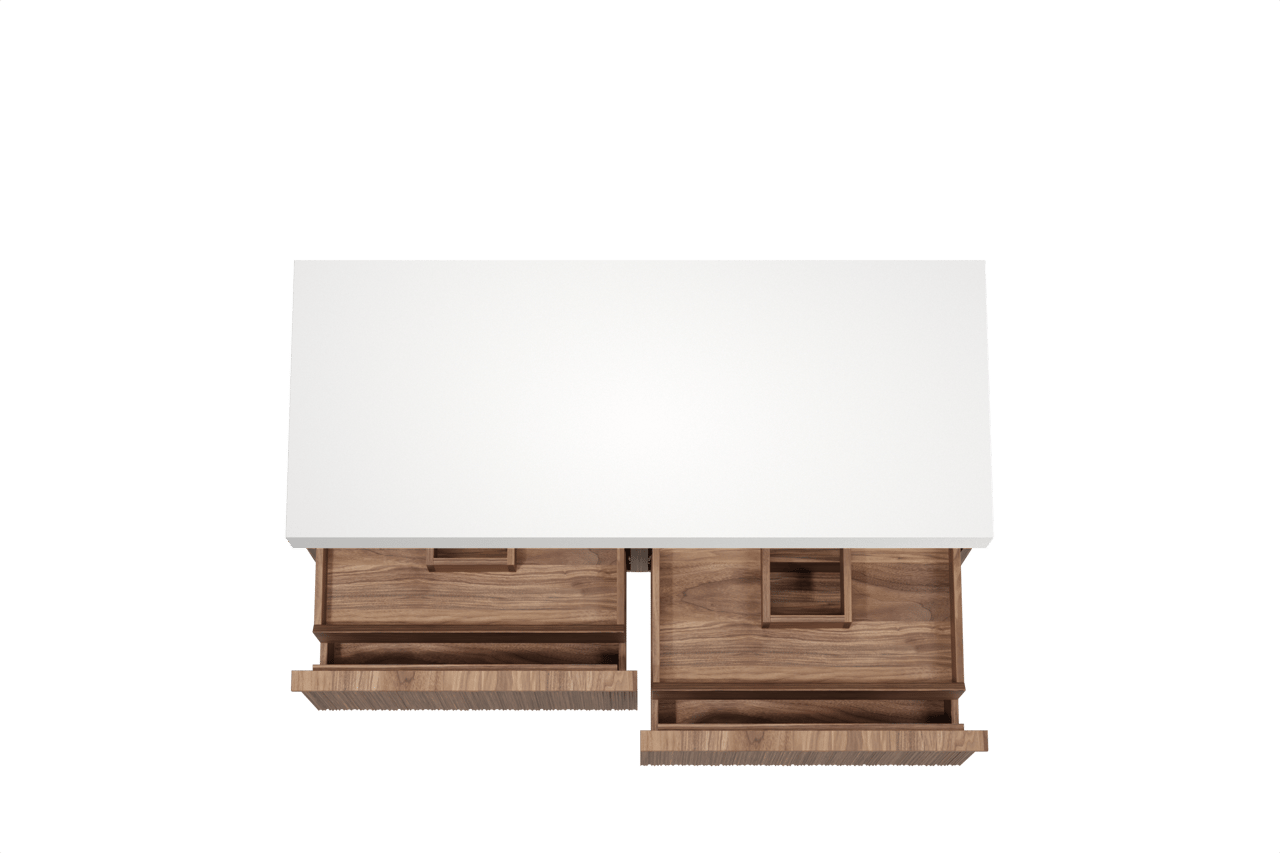 Balmani Forma hängendes Möbelstück Set: 135 x 55 cm, Amerikanischer Nussbaum, mit Dominus Einzel- oder Doppel Waschtischplatte, Solid Surface, Weiß matt, Vertikale asymmetrische Runde Rippe