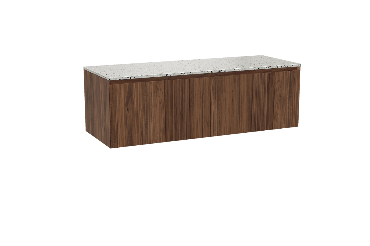 Balmani Idra zwevend badkamermeubel 150 x 55 cm notelaar met Stretto enkel of dubbel tablet in mat wit/zwart terrazzo