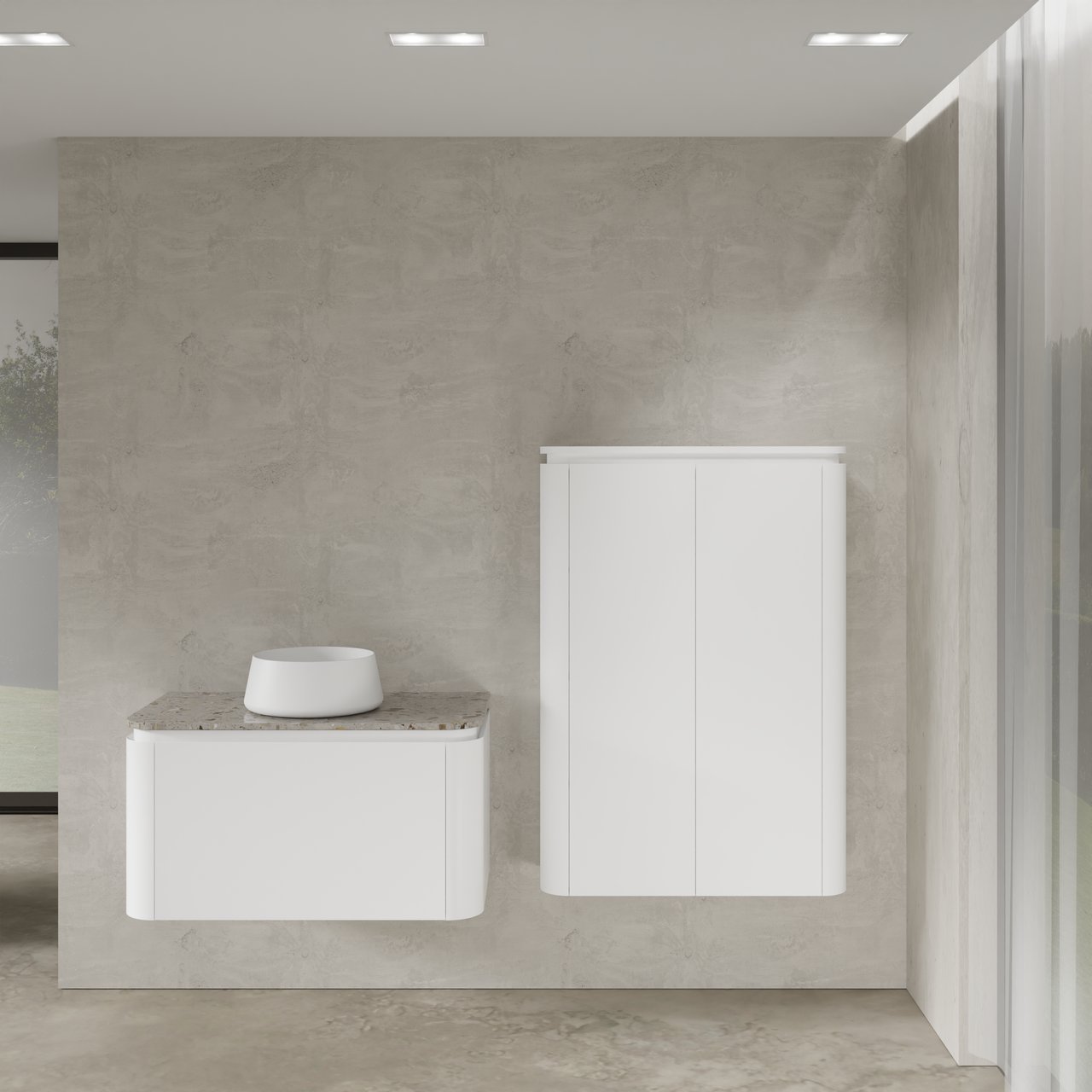 Balmani Moon meuble salle de bains suspendu 100 x 55 cm blanc mat avec Moon tablette simple en terrazzo greige terrazzo avec Bag vasque à poser et Moon colonne salle de bains