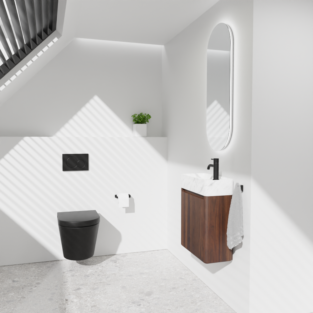 Balmani Fara zwevend toiletmeubel 45 x 22 cm amerikaanse notelaar met Fara wastafel in Carrara marmer