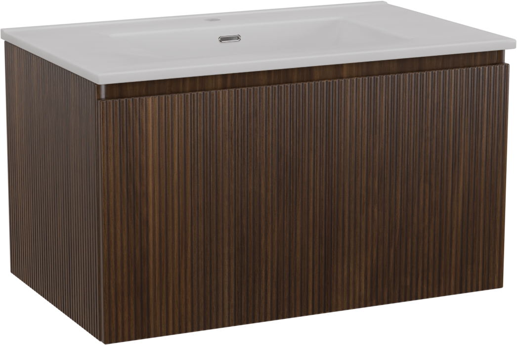 Storke Ribs meuble salle de bains suspendu 85 x 52 cm noyer avec Kera plan simple en céramique blanc brillant