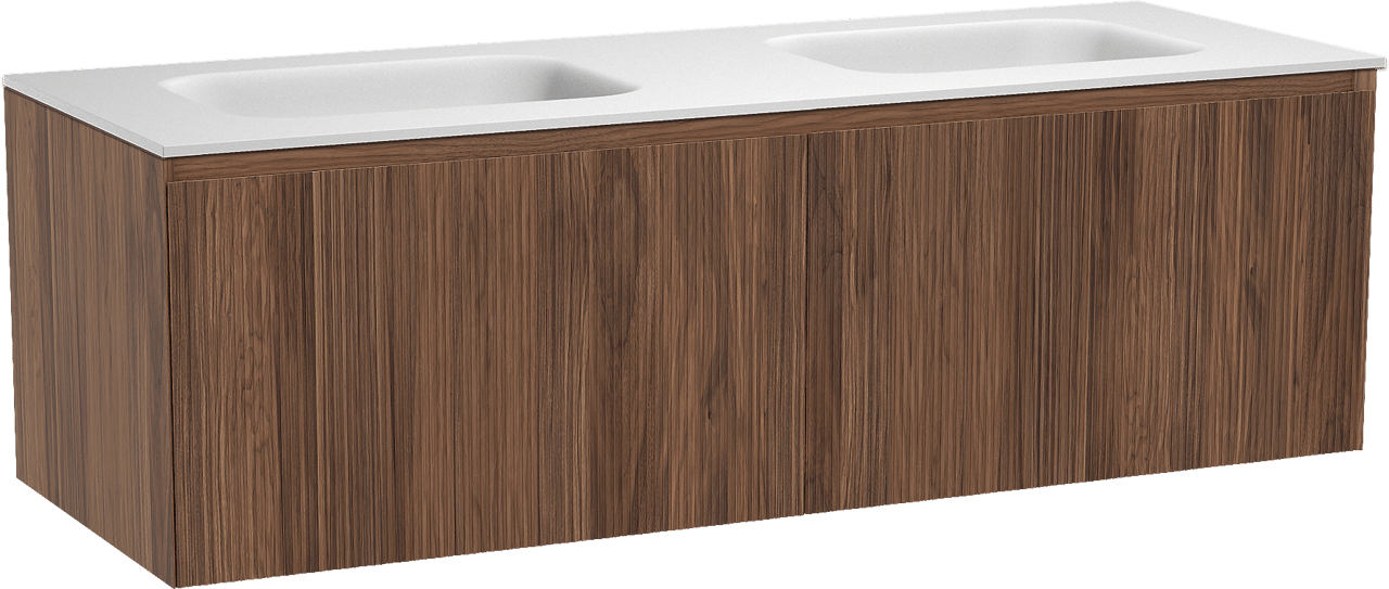 Balmani Fila meuble salle de bains suspendu 150 x 55 cm noyer avec Tablo Arcato double vasque en solid surface blanc mat, Nervure droite symétrique verticale